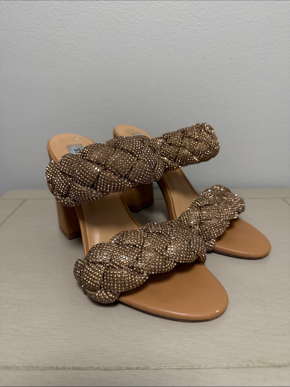 Steve Madden Nider-R Rhinestone Braided Block Heel Sandals Rose Gold Tan 5.5